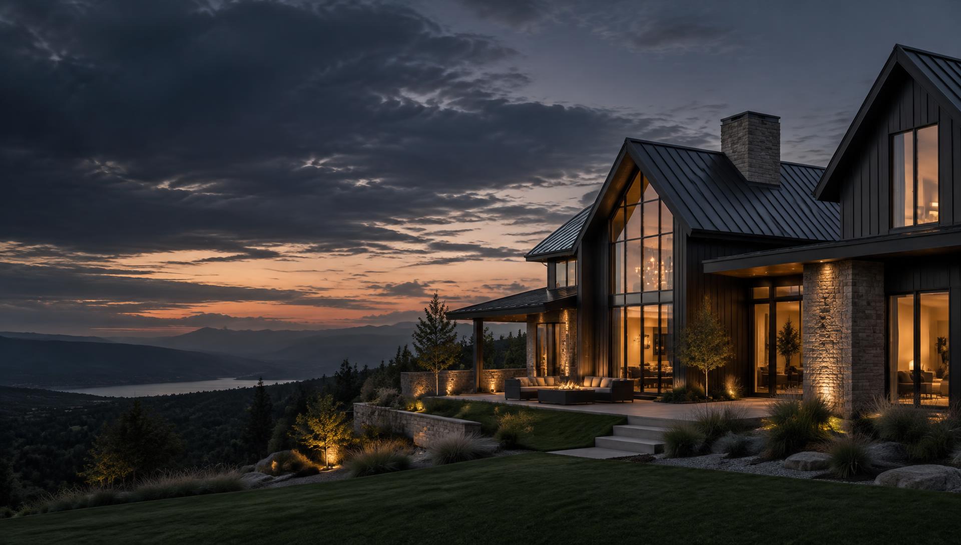 Luxury home with a professionally finished roof at dusk